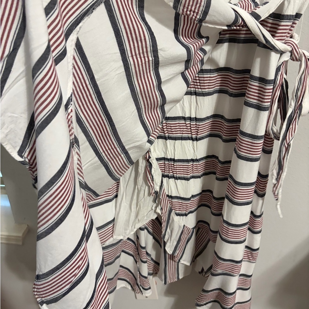 LOFT Striped Ruffle Faux Wrap Midi Dress Size 12 Feminine Preppy Nautical - Picture 7 of 8